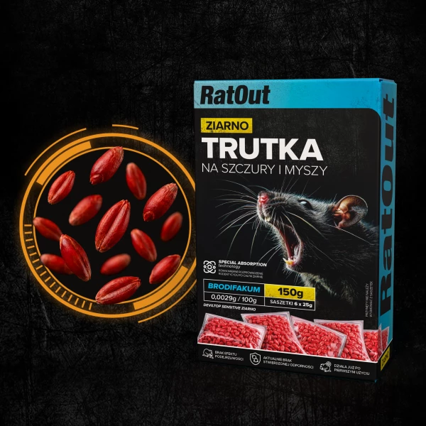 Trutka na myszy, szczury, gryzonie, zatrute ziarno brodifakum RatOut® 150 g
