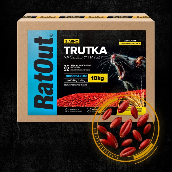 Trutka na myszy, szczury, gryzonie, zatrute ziarno brodifakum RatOut® karton 10 kg