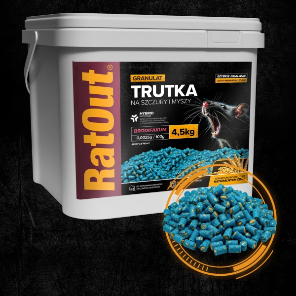 Trutka na szczury, myszy, gryzonie, granulat, pellet brodifakum RatOut® wiadro 4,5 kg