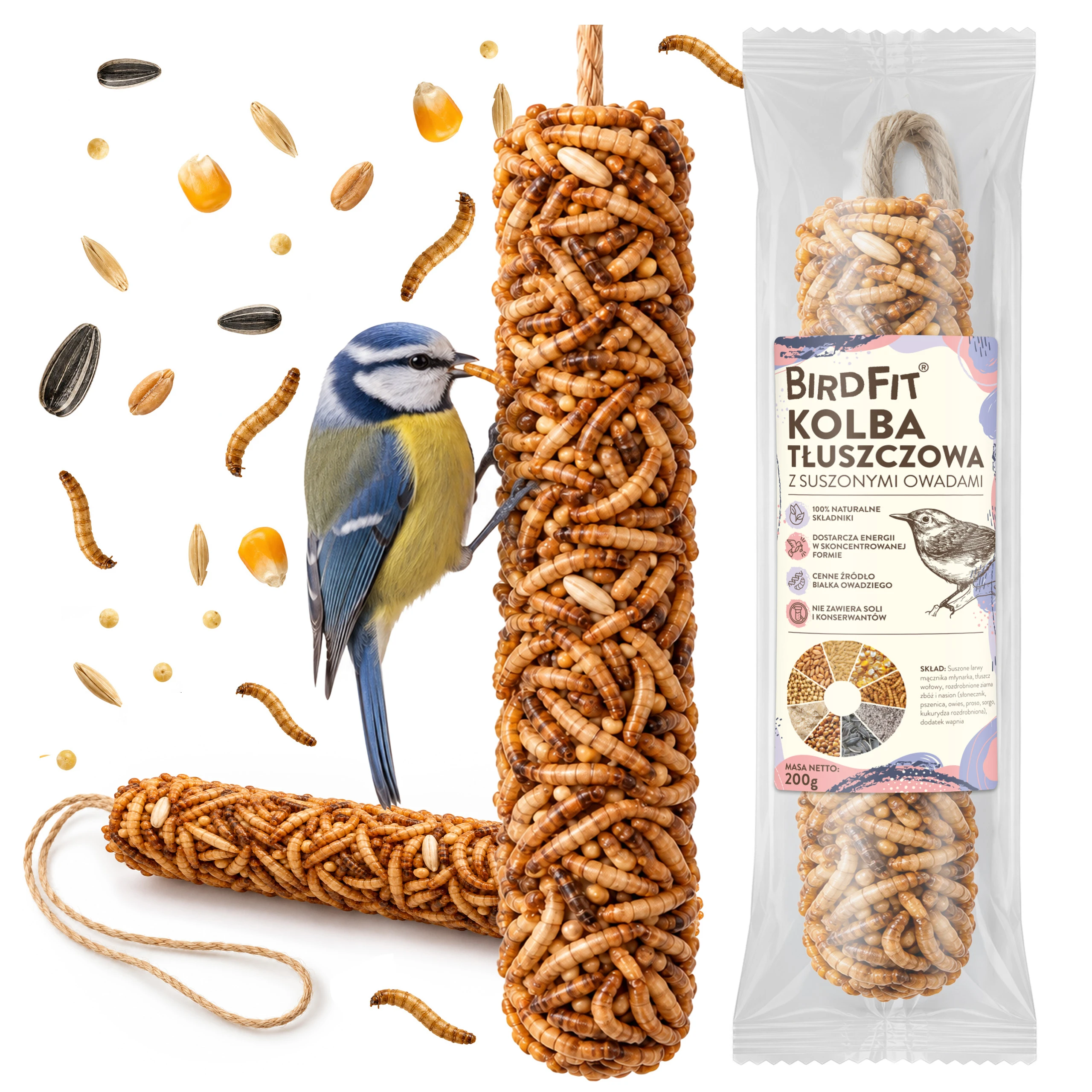 kolba tłuszczowa dla ptaków, BirdFit kolba tłuszczowa, kolba z suszonymi owadami, karma dla ptaków 200 g, suszony mącznik dla ptaków, pokarm dla sikor, karma dla dzięciołów, pokarm dla kowalików, łój wołowy dla ptaków, karma dla ptaków na zimę, pokarm z owadami dla ptaków, zimowe dokarmianie ptaków, BirdFit® 200 g