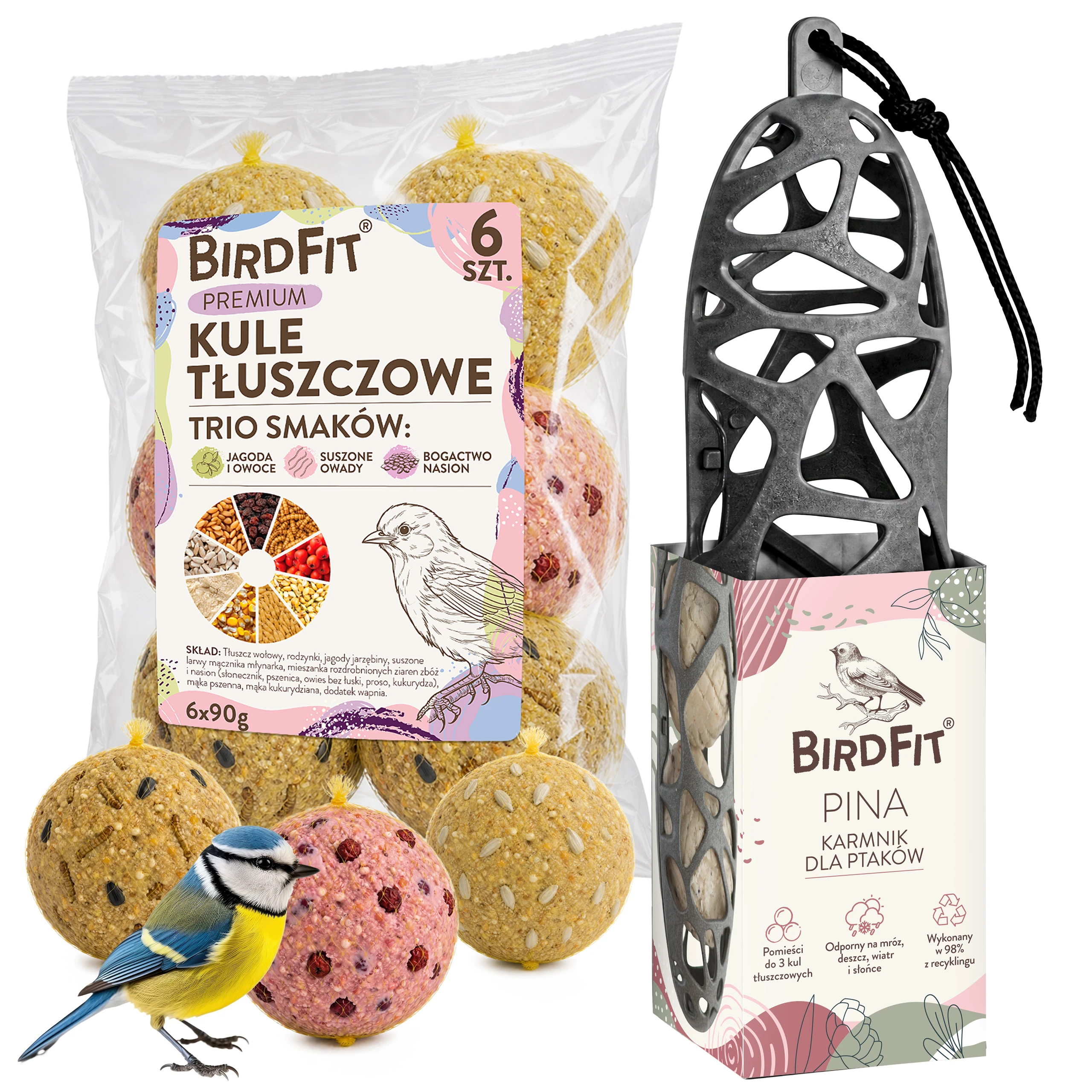 karmnik BirdFit Pina, karmnik na kule tłuszczowe, BirdFit Pina, karmnik dla ptaków na balkon, karmnik do ogrodu, kule tłuszczowe 6 szt, BirdFit Trio Smaków, kule dla ptaków 90 g, karmnik dla sikor, karmnik dla kowalików, karmnik dla dzięciołów, karma dla ptaków na zimę, karmnik z recyklingu, karmnik wiszący dla ptaków, zestaw do dokarmiania ptaków