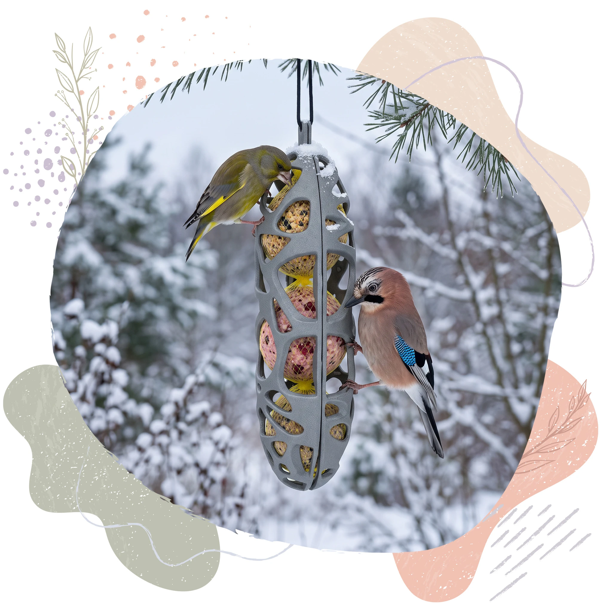 karmnik BirdFit Pina, karmnik na kule tłuszczowe, BirdFit Pina, karmnik dla ptaków na balkon, karmnik do ogrodu, kule tłuszczowe 6 szt, BirdFit Trio Smaków, kule dla ptaków 90 g, karmnik dla sikor, karmnik dla kowalików, karmnik dla dzięciołów, karma dla ptaków na zimę, karmnik z recyklingu, karmnik wiszący dla ptaków, zestaw do dokarmiania ptaków