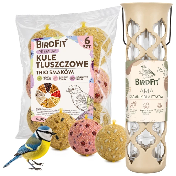 Karmnik dla ptaków tubowy 2w1 BirdFit Aria +  Kule tłuszczowe Premium BirdFit® Trio smaków 6 sztuk × 90g z siateczką biodegradowalną.