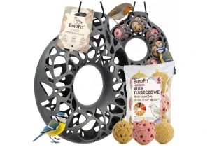 Karmnik dla ptaków wiszący BirdFit Enso + kule tłuszczowe, pyzy Trio mix smaków Premium 6szt.