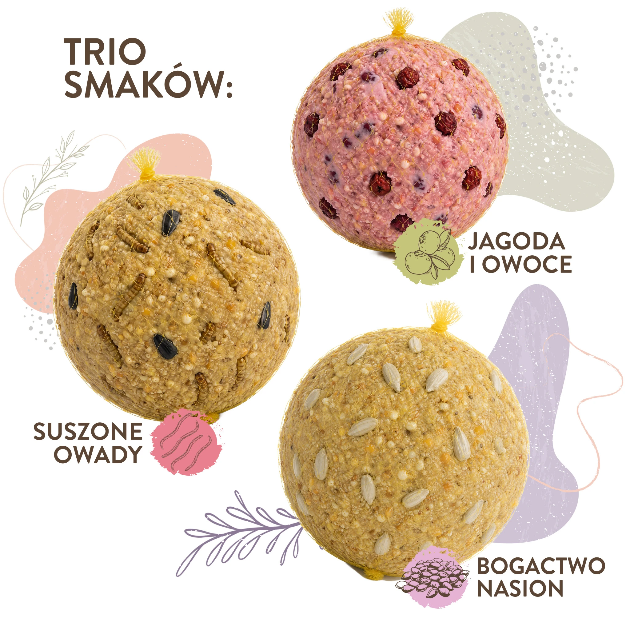 karmnik BirdFit Enso, karmnik na kule tłuszczowe, karmnik dla ptaków Enso, zestaw do dokarmiania ptaków, kule tłuszczowe 6 szt, BirdFit Trio Smaków, kule dla ptaków 90 g, karmnik z recyklingu, karmnik wiszący dla ptaków, pokarm dla sikor, karmnik dla dzięciołów, karma dla ptaków na zimę, kule tłuszczowe biodegradowalne, BirdFit® Enso