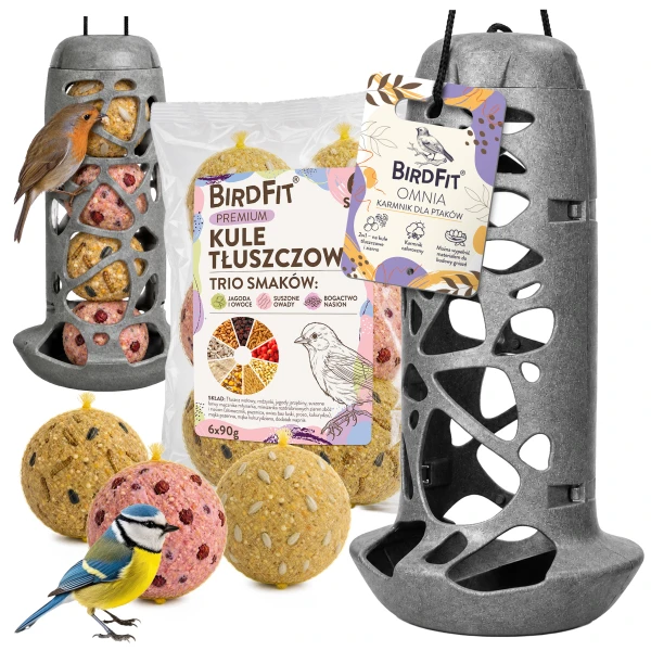 Karmnik tubowy dla Ptaków 2w1 BirdFit Omnia + Kule tłuszczowe Trio mix smaków Premium 6szt.