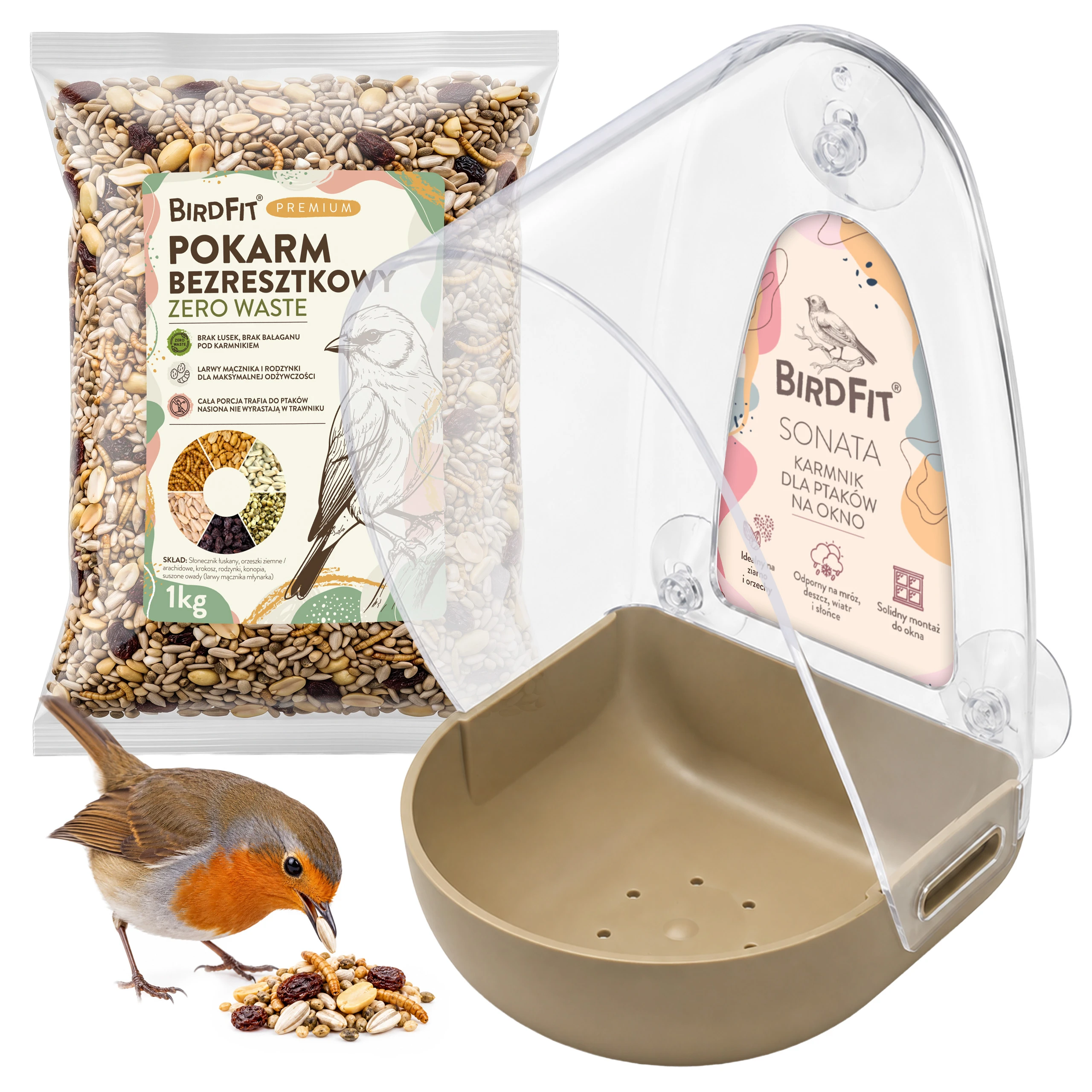 karmnik BirdFit Sonata, karmnik na okno dla ptaków, przezroczysty karmnik okienny, karmnik na przyssawki, karmnik na ziarno, karmnik na orzechy, karmnik bez wiercenia, karmnik do obserwacji ptaków, karmnik na szybę, całoroczny karmnik dla ptaków, karmnik dla sikorek