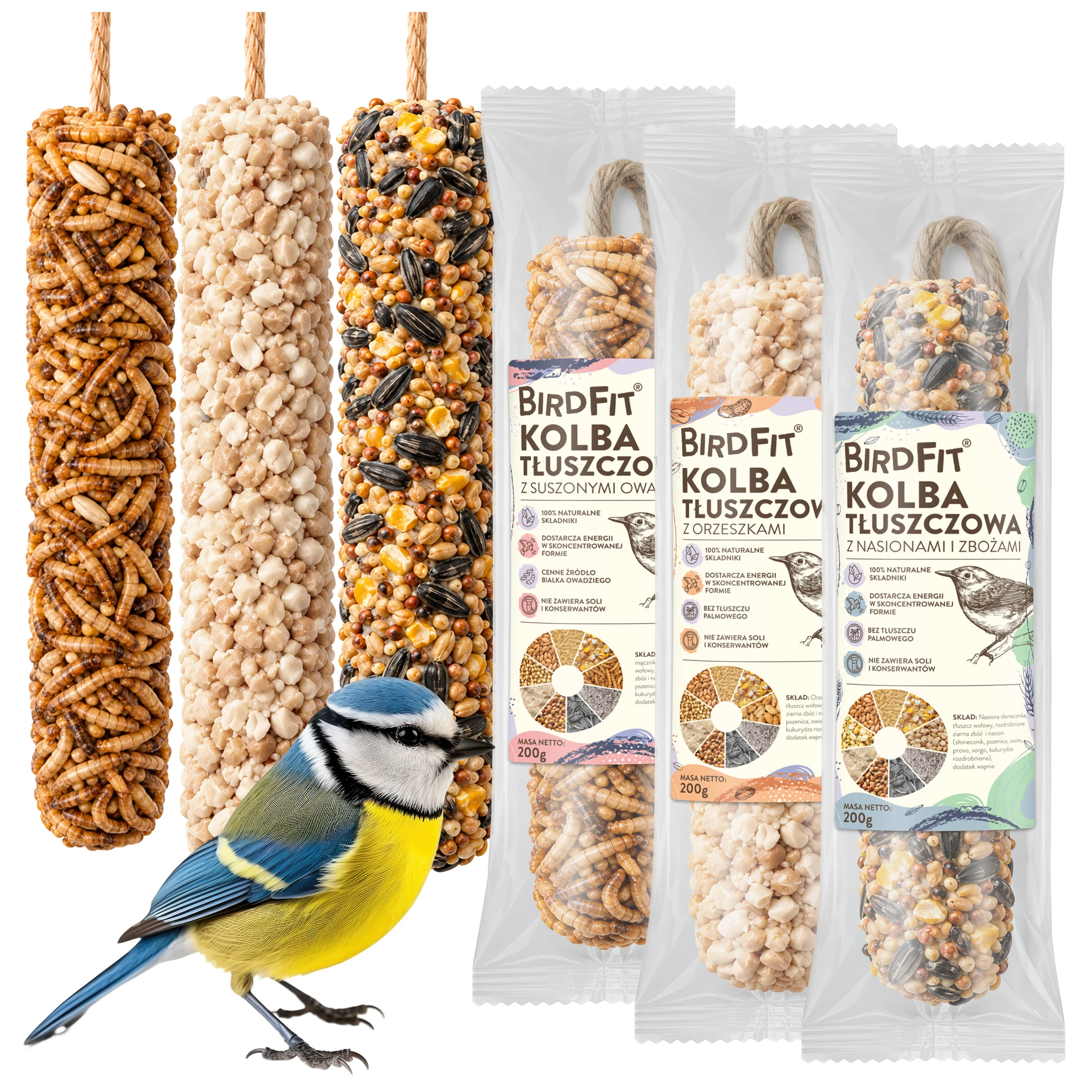 kolby tłuszczowe dla ptaków, BirdFit MIX SMAKÓW, kolby BirdFit 3 x 200 g, kolba z suszonymi owadami, kolba z orzeszkami dla ptaków, kolba ze słonecznikiem, karma dla ptaków 600 g, pokarm dla sikor, karma dla dzięciołów, pokarm dla kowalików, łój wołowy dla ptaków, karma dla ptaków na zimę, kolby bez oleju palmowego, zimowe dokarmianie ptaków
