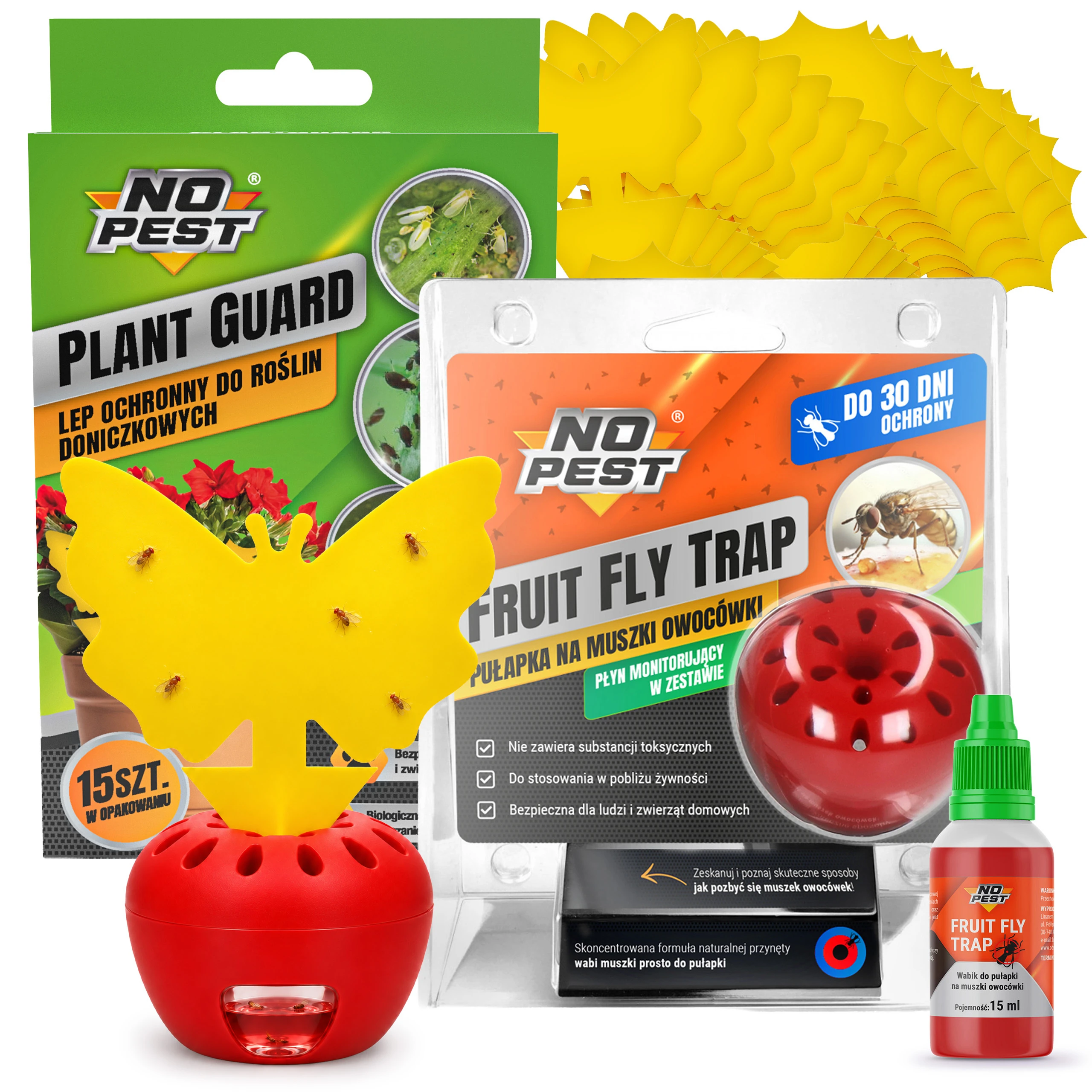 pułapka na muszki owocówki, Fruit Fly Trap No Pest, Plant Guard No Pest, lep na muszki owocówki, lepy na ziemiórki, żółte lepy do doniczek, pułapka z wabikiem na muszki, wabik na muszki owocówki, lepy na mączliki, lepy na wciornastki, lepy na mszyce, pułapki na owady No Pest, 15 lepów do roślin, pułapka bez środków owadobójczych