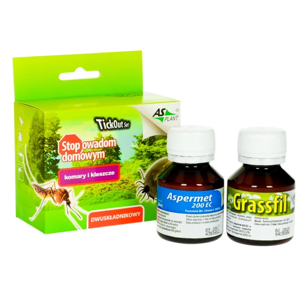 Oprysk na kleszcze, komary Aspermet i utrwalacz Tickout Set do ogrodu 2x50ml. 