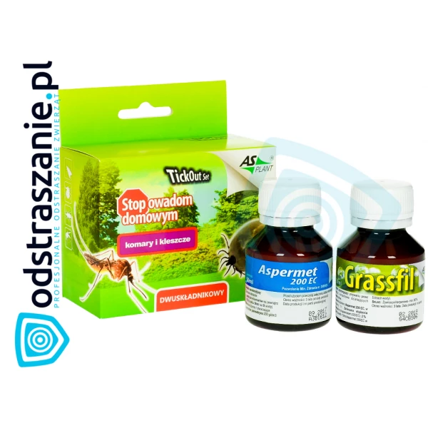 Oprysk na kleszcze, komary Aspermet i utrwalacz Tickout Set do ogrodu 2x50ml. 