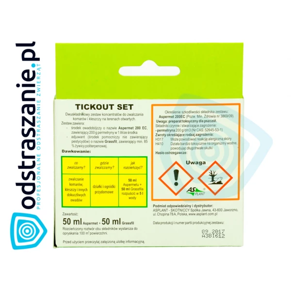 Oprysk na kleszcze, komary Aspermet i utrwalacz Tickout Set do ogrodu 2x50ml. 