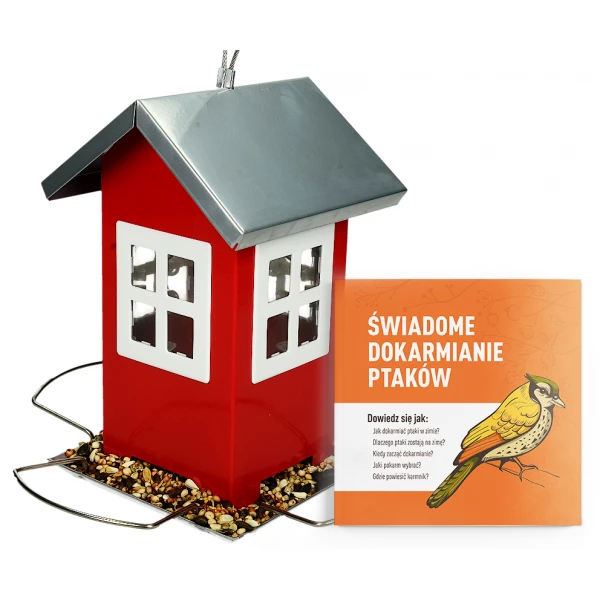 Metalowy karmnik domek dla ptaków wieszany. Czerwone karmidło dla ptaków. 