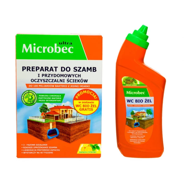 Bakterie do szamba Microbec Ultra + żel do WC z aplikatorem Microbec gratis.