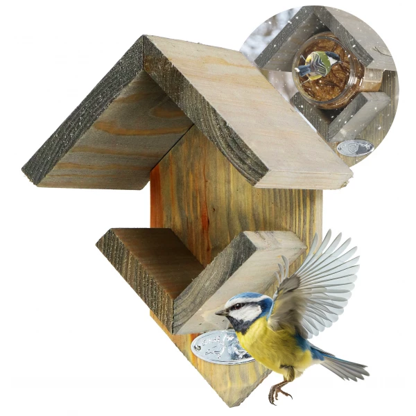 Drewniany karmnik brązowy z daszkiem Best for Birds z uchwytem na masło orzechowe dla ptaków