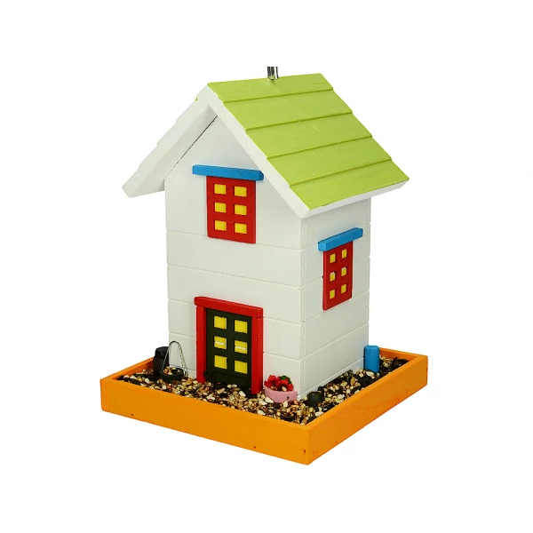 Drewniany karmnik dla ptaków w kształcie domku. Karmnik dla sikorek.