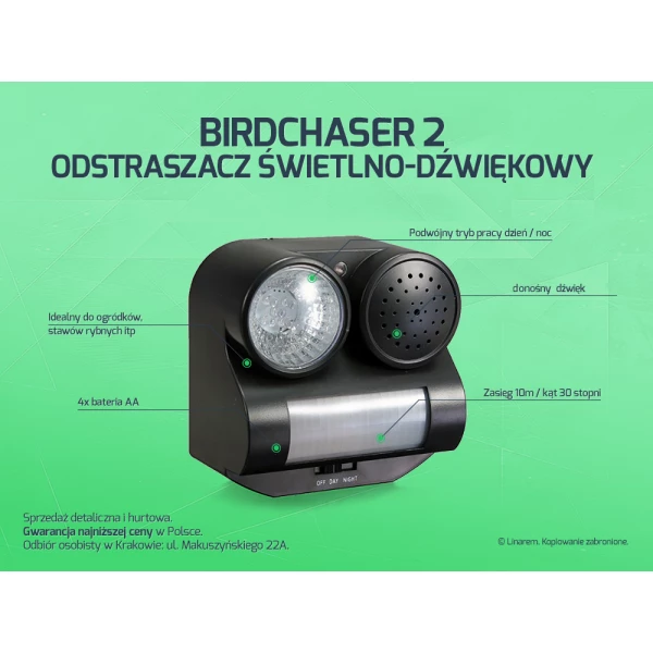 Dźwiękowy odstraszacz ptaków Birdchaser. Odstraszacz na ptaki ze stroboskopem. 