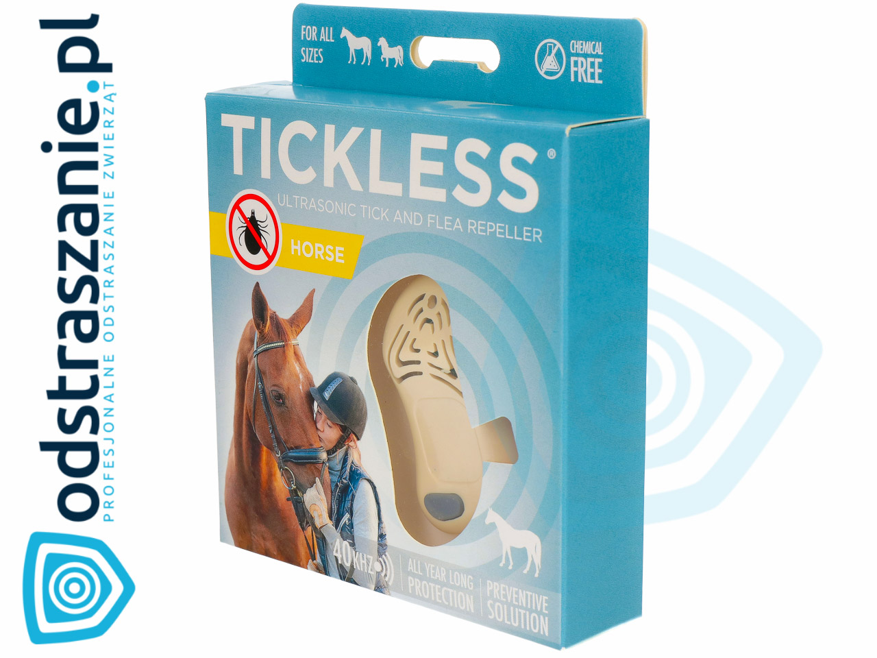 Odstraszacz na kleszcze i pchły dla koni Tickless Horse beżowy.